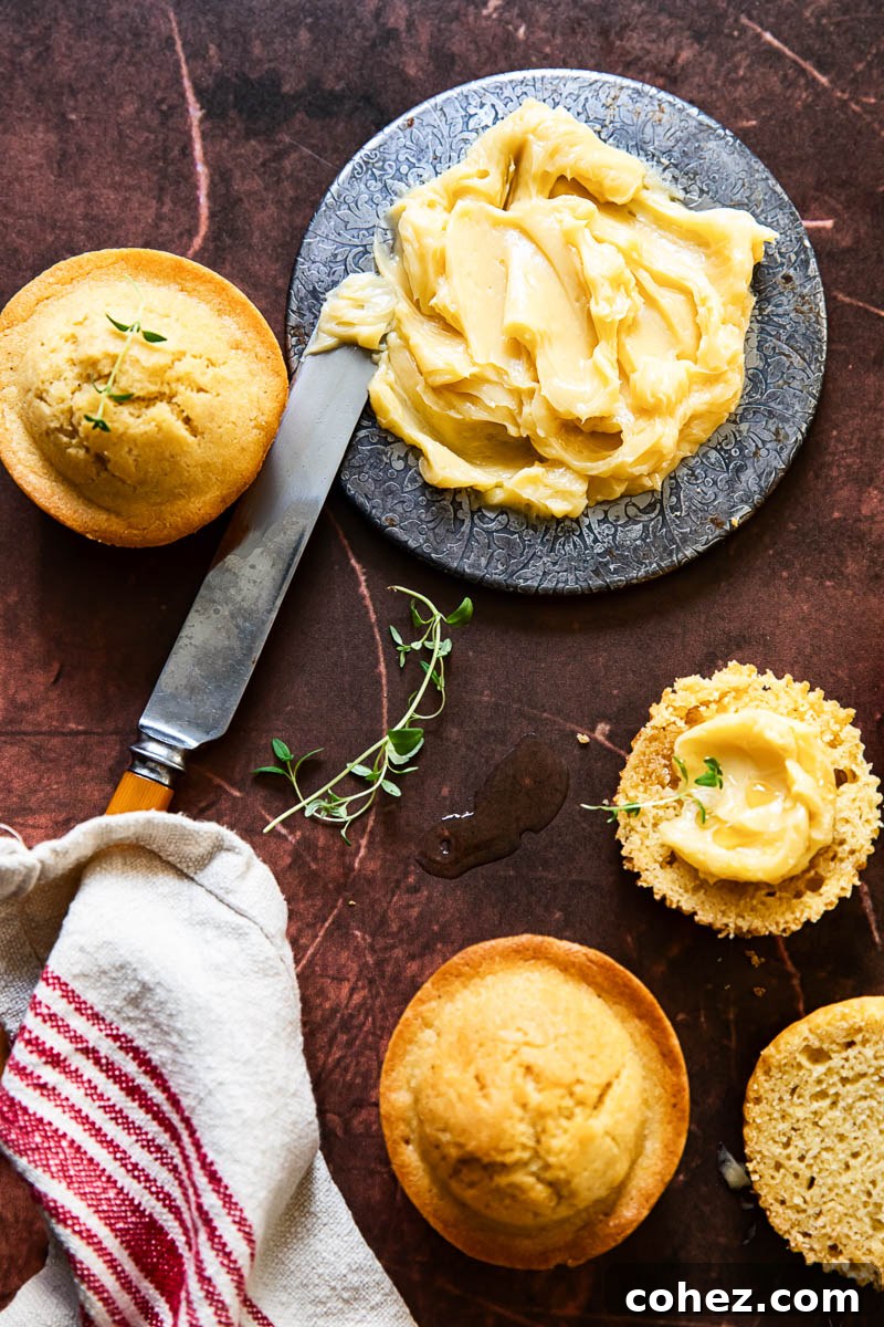 a dish of maple butter, a butter knife, and a selection of corn muffins on a napkin