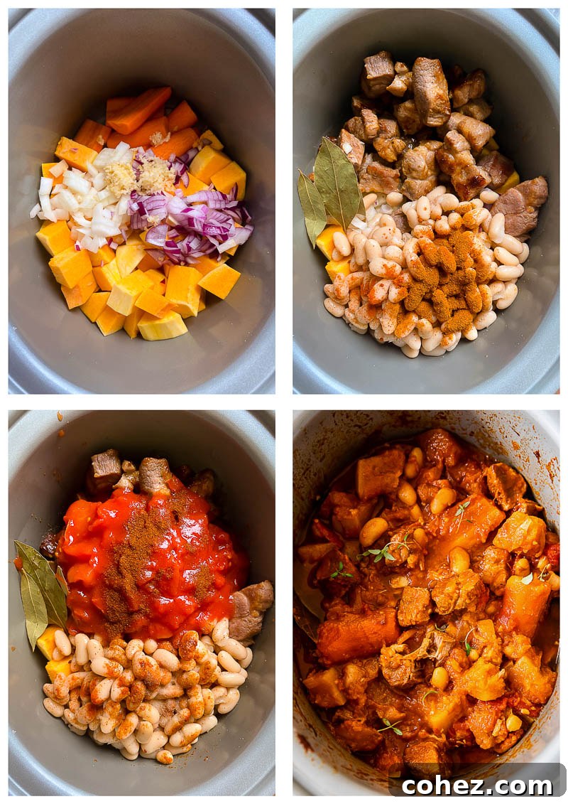 Step-by-step process images showing ingredients prepped, pork browning, and all components added to a slow cooker for campfire stew.