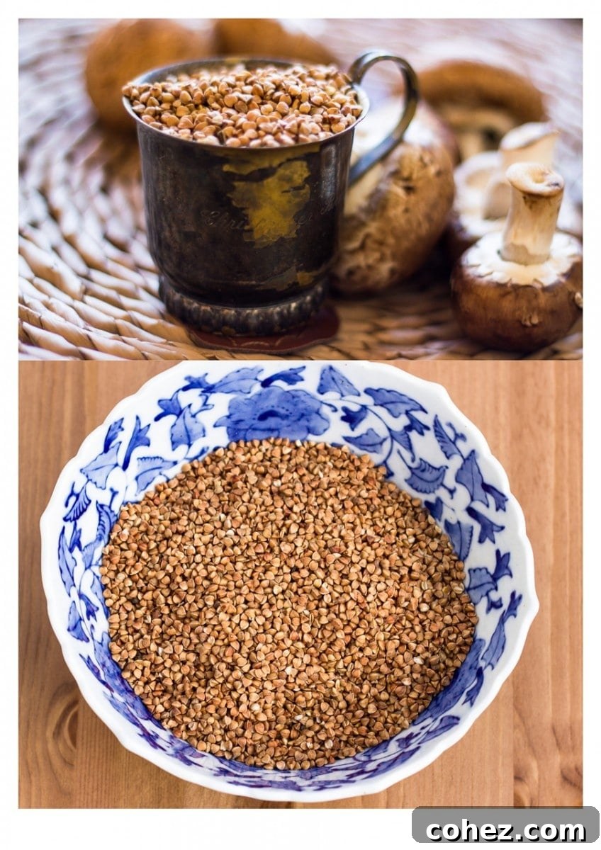 Metal cup of raw buckwheat of a top down of buckwheat in a blue bowl