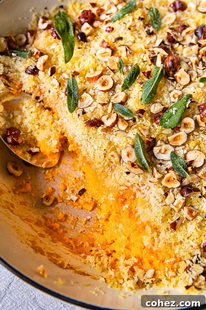 Umami Sweet Potato Bake 2 top down view of sweet potato casserole with breadcrumbs, hazelnuts and sage leaves