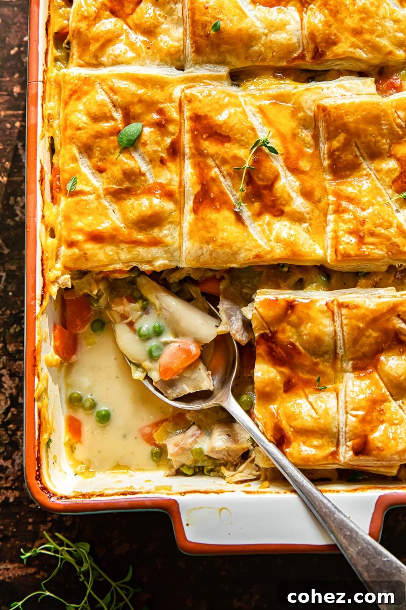 Golden Marsala Turkey Pie 2 Golden brown turkey pot pie with flaky puff pastry crust, ready to serve