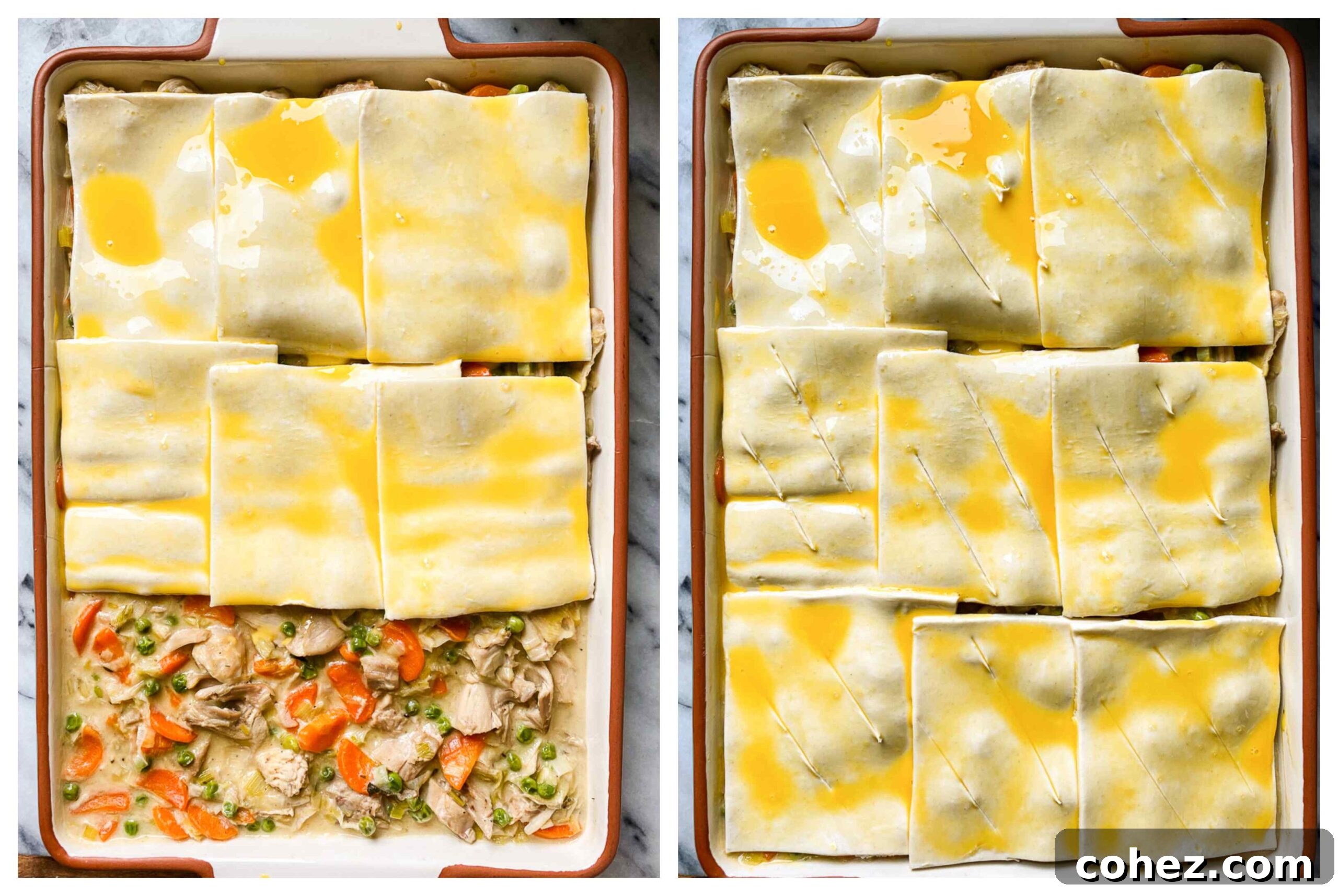 Golden Marsala Turkey Pie 4 Collage of turkey pot pie preparation steps and finished dish