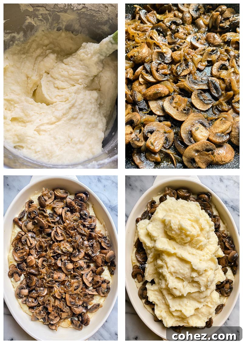 Baked mashed potatoes casserole process images showing layering