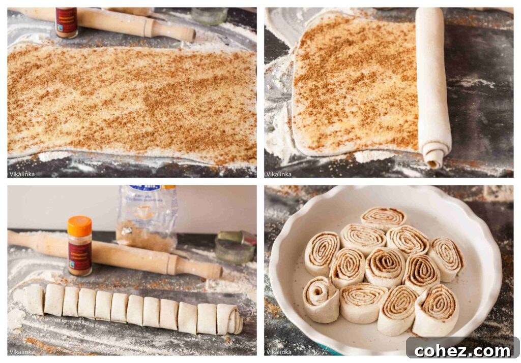 Close-up process shot of puff pastry sheet being covered with a generous layer of cinnamon and brown sugar mixture.