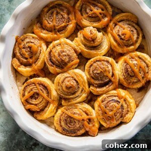Top down view of the rolls with caramel drizzle