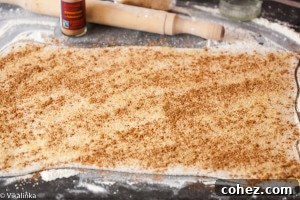 Puff pastry sheet covered with cinnamon and sugar