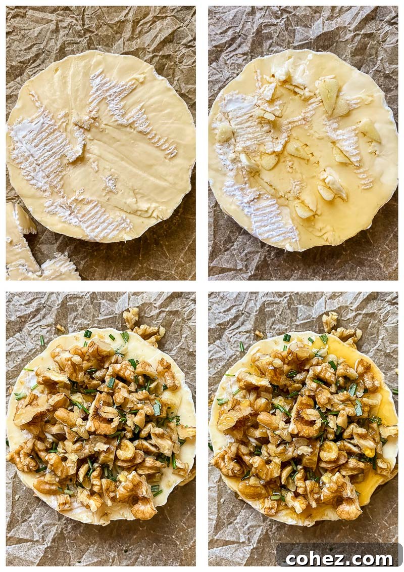 A three-panel image demonstrating the preparation steps for baked brie: 1) removing the rind and making slits, 2) adding garlic, whiskey, maple syrup, rosemary, and walnuts, and 3) the finished baked brie.