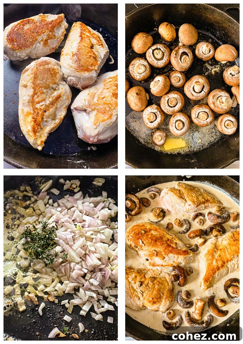 Supreme Chicken with Velvety White Wine Mushroom Sauce 5 A collage of process photos showing chicken breasts being seared, mushrooms sautéed, sauce simmering, and finally the completed dish.