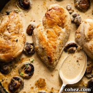 chicken breasts with mushrooms in cream sauce in skillet