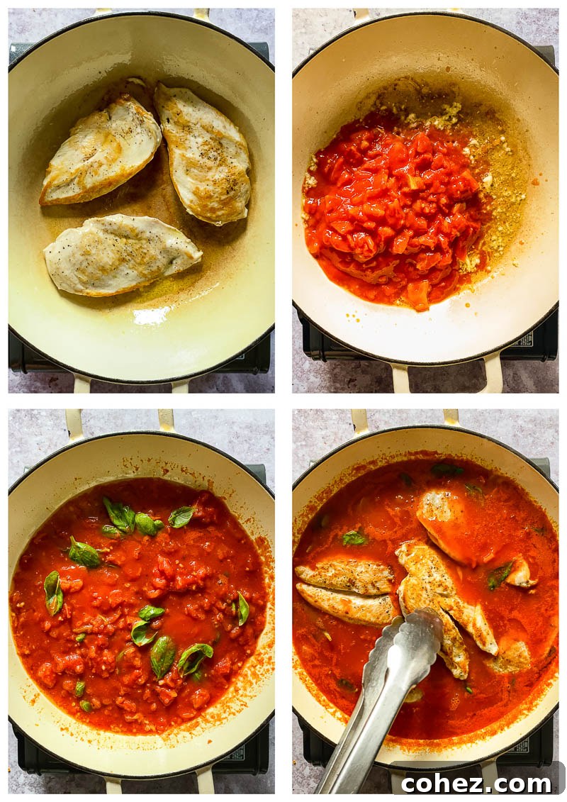 process images for chicken arrabiata showing steps from browning chicken to simmering in sauce