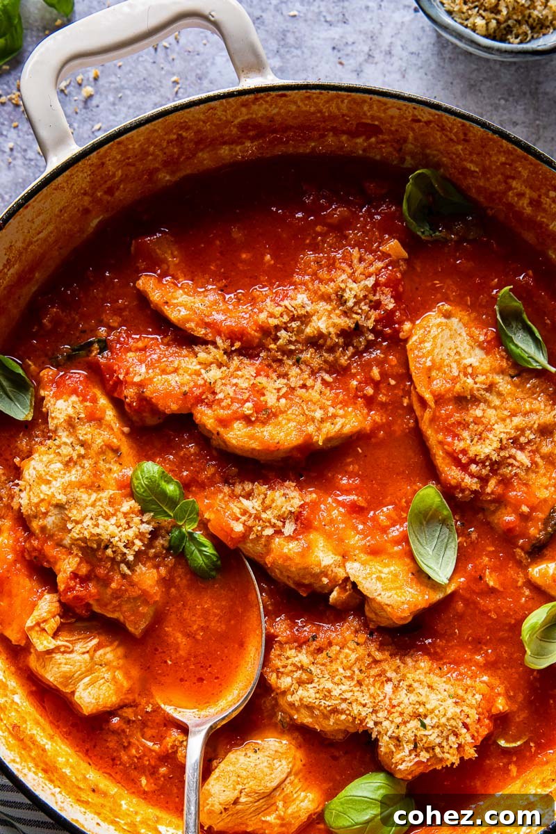chicken arrabiata in a cream pan close up with a spoon, showing rich sauce and tender chicken