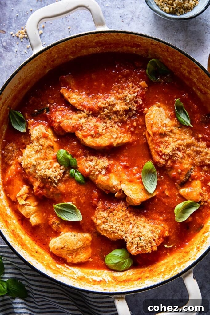 top down view of chicken in tomato sauce with fresh basil in a round cream coloured pan, garnished with herbs