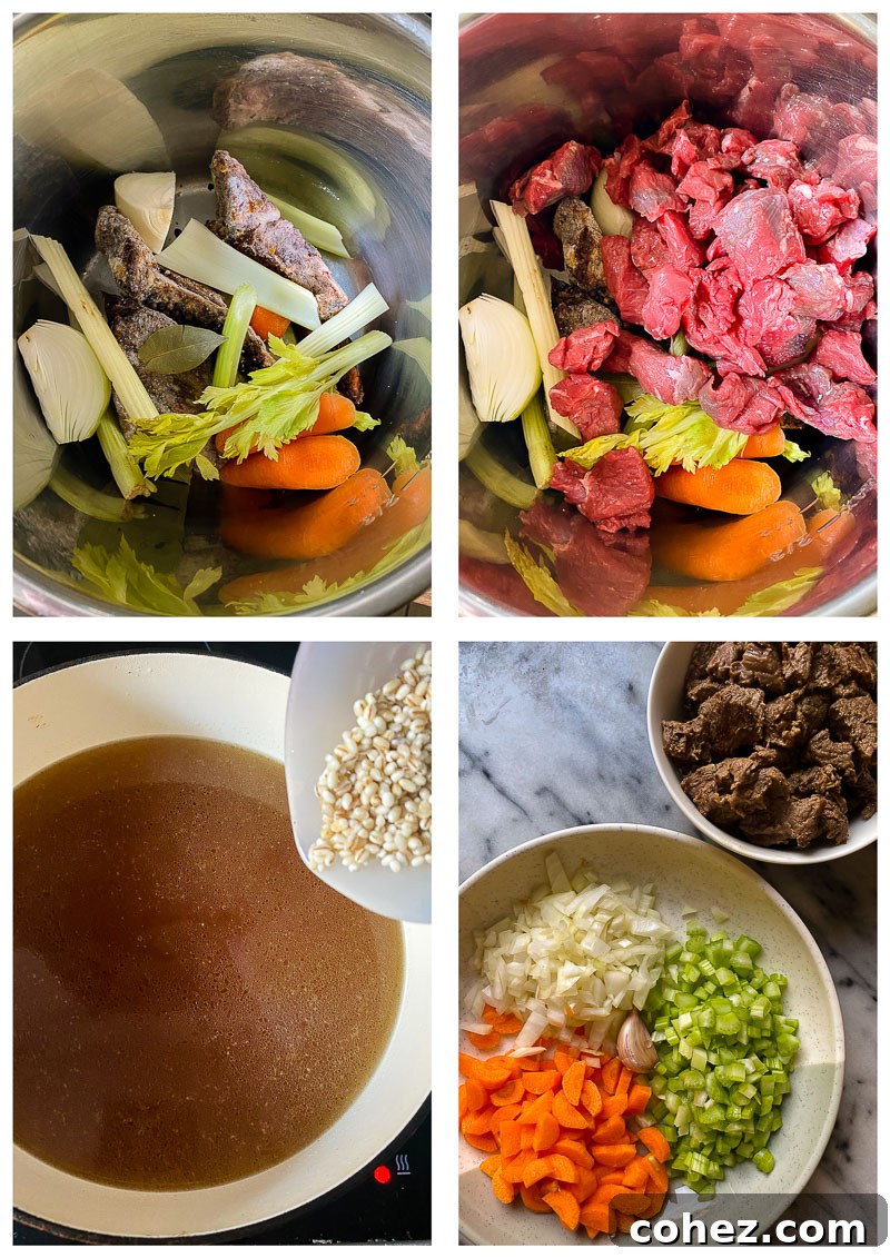Step-by-step process images for making beef barley soup, showing ingredients and cooking stages