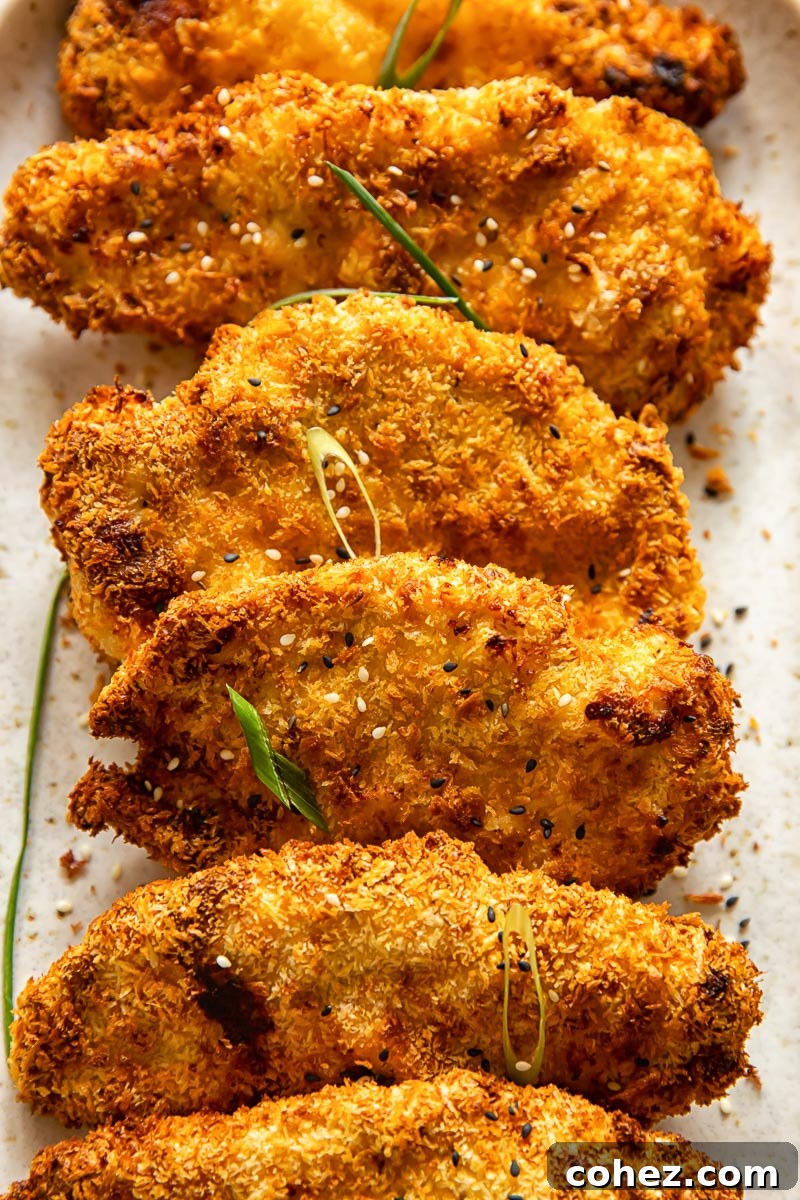 Close-up view of crispy Air Fryer Chicken Katsu revealing its golden brown crust and tender interior