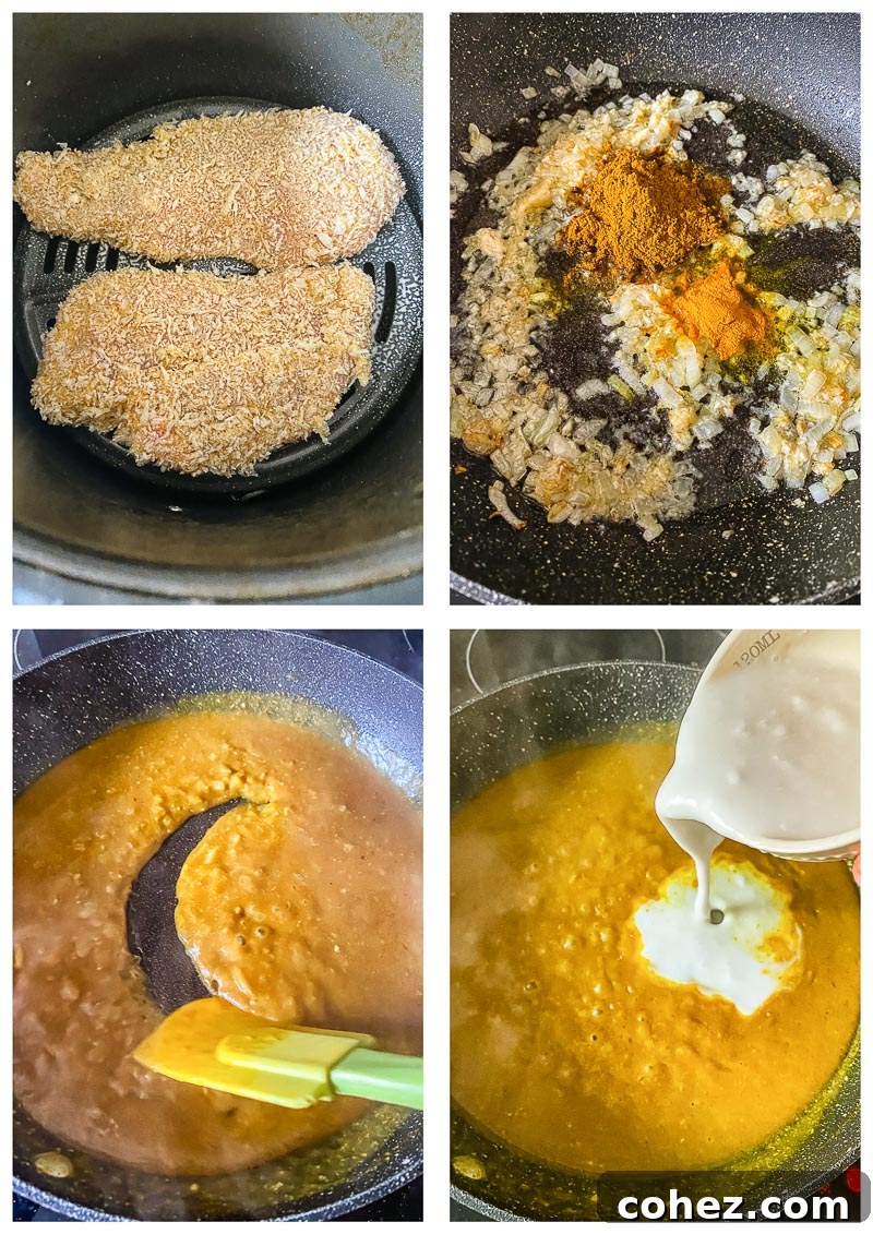 Crispy Air Fryer Chicken Katsu Curry 5 Collage of chicken Katsu curry recipe steps, from breading to serving