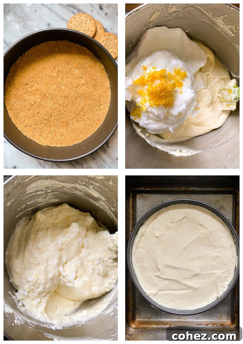 Sun-Kissed Lemon Cheesecake 5 Collage showing the step-by-step process of making a lemon cheesecake, from mixing ingredients to assembly.