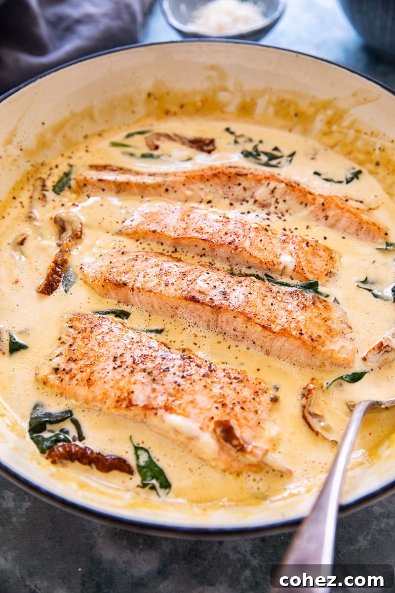 Tuscan Salmon with Velvety Parmesan Cream 3 salmon in cream sauce in a while pan