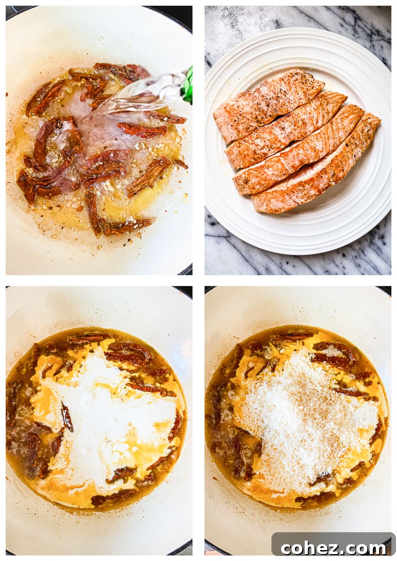 Tuscan Salmon with Velvety Parmesan Cream 5 Four process images focusing on how to make the sauce
