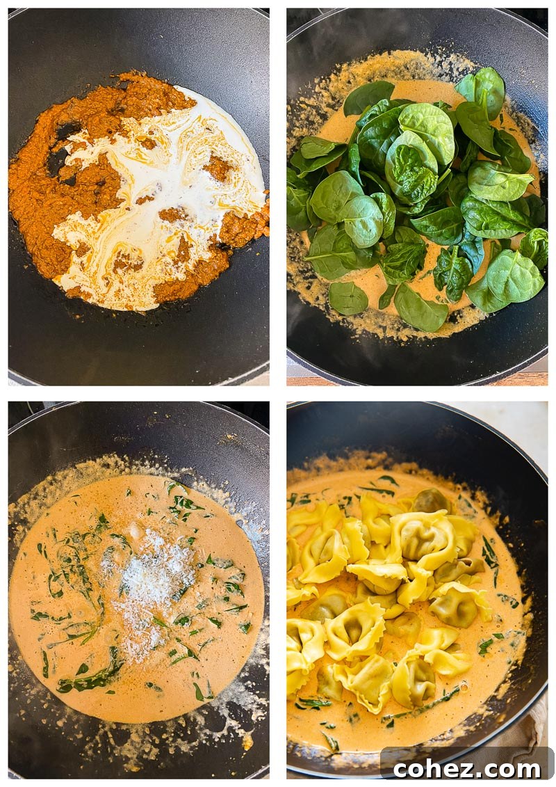 Velvety Tomato Cream Tortelloni with Fresh Spinach 4 step-by-step process images for making creamy tomato sauce for pasta