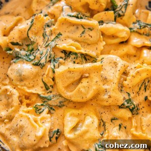 Velvety Tomato Cream Tortelloni with Fresh Spinach 6 tortellini in creamy sauce in cast iron pan