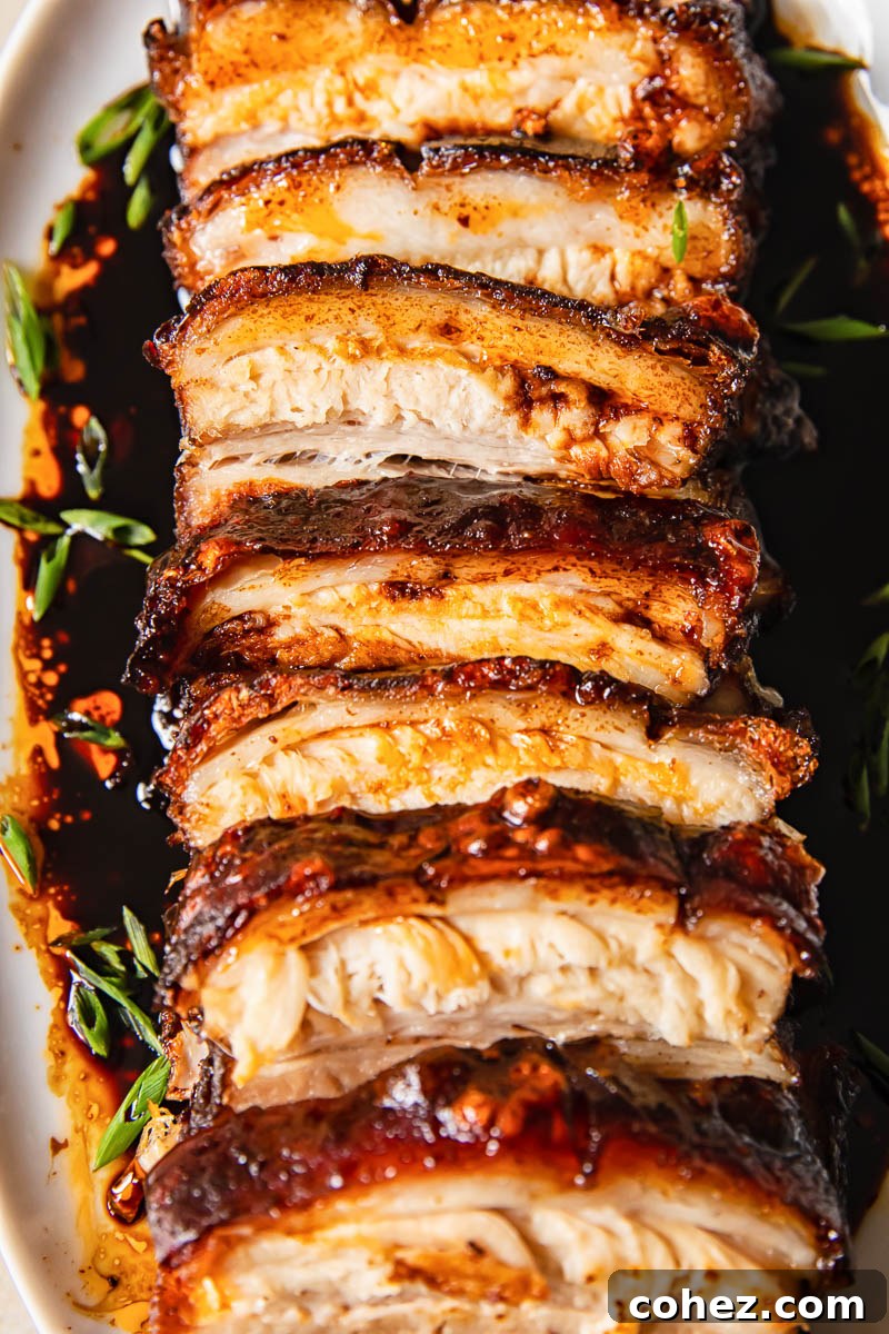 pork belly slices with glaze close up