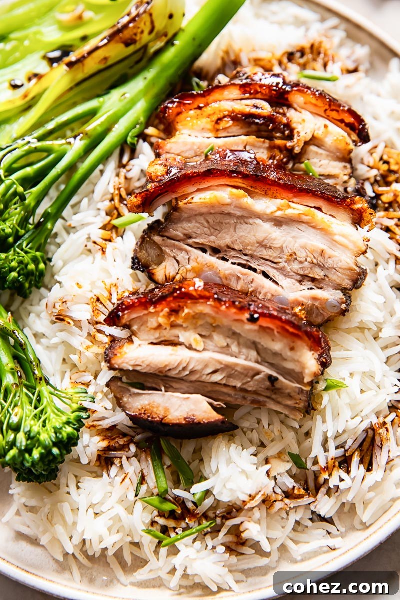 pork sliced on top of rice, broccoli on a plate