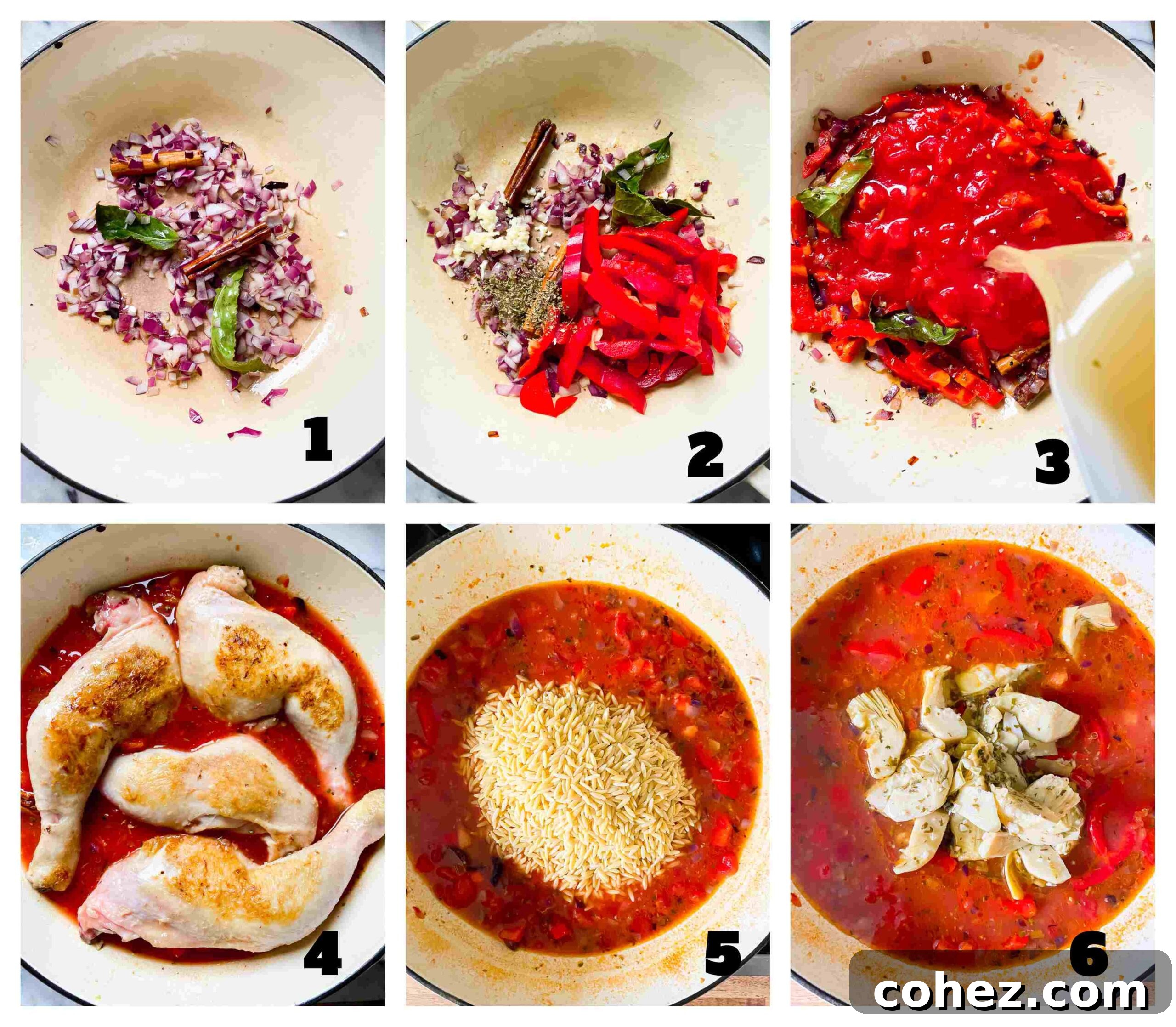 Greek Chicken and Orzo Skillet Dinner 4 Three process images showing onions, garlic, and red pepper sautéing in a pan, followed by tomatoes and chicken stock being added to create the sauce.