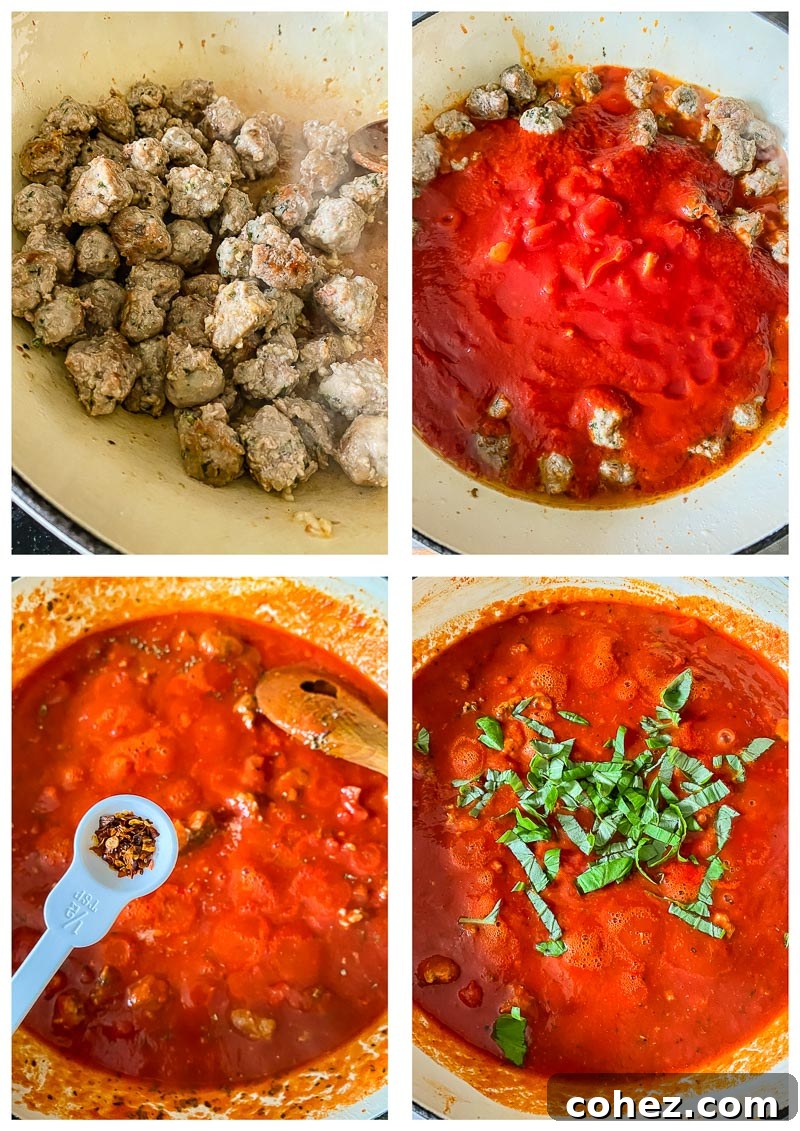 Collage of process images showing the preparation steps for spicy sausage pasta