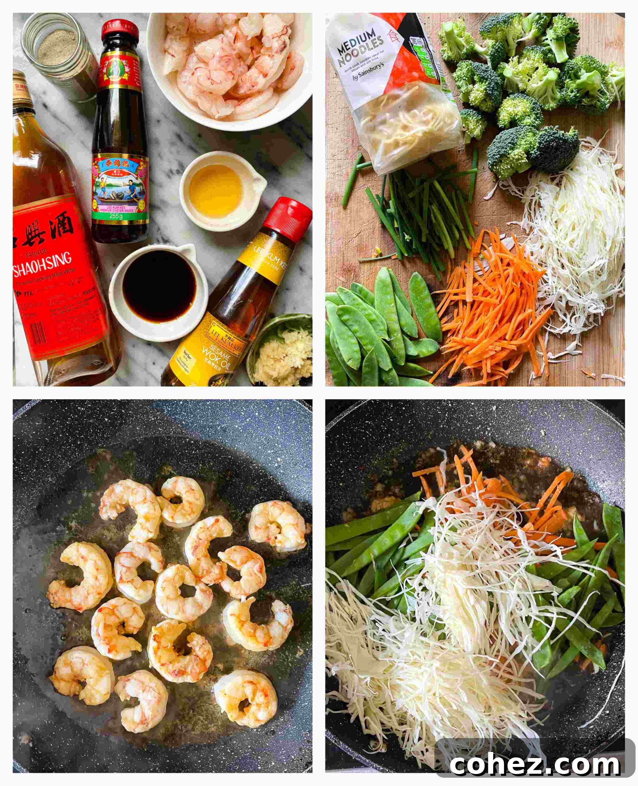 Effortless Shrimp Chow Mein 4 Collage of shrimp chow mein ingredients and cooking process images