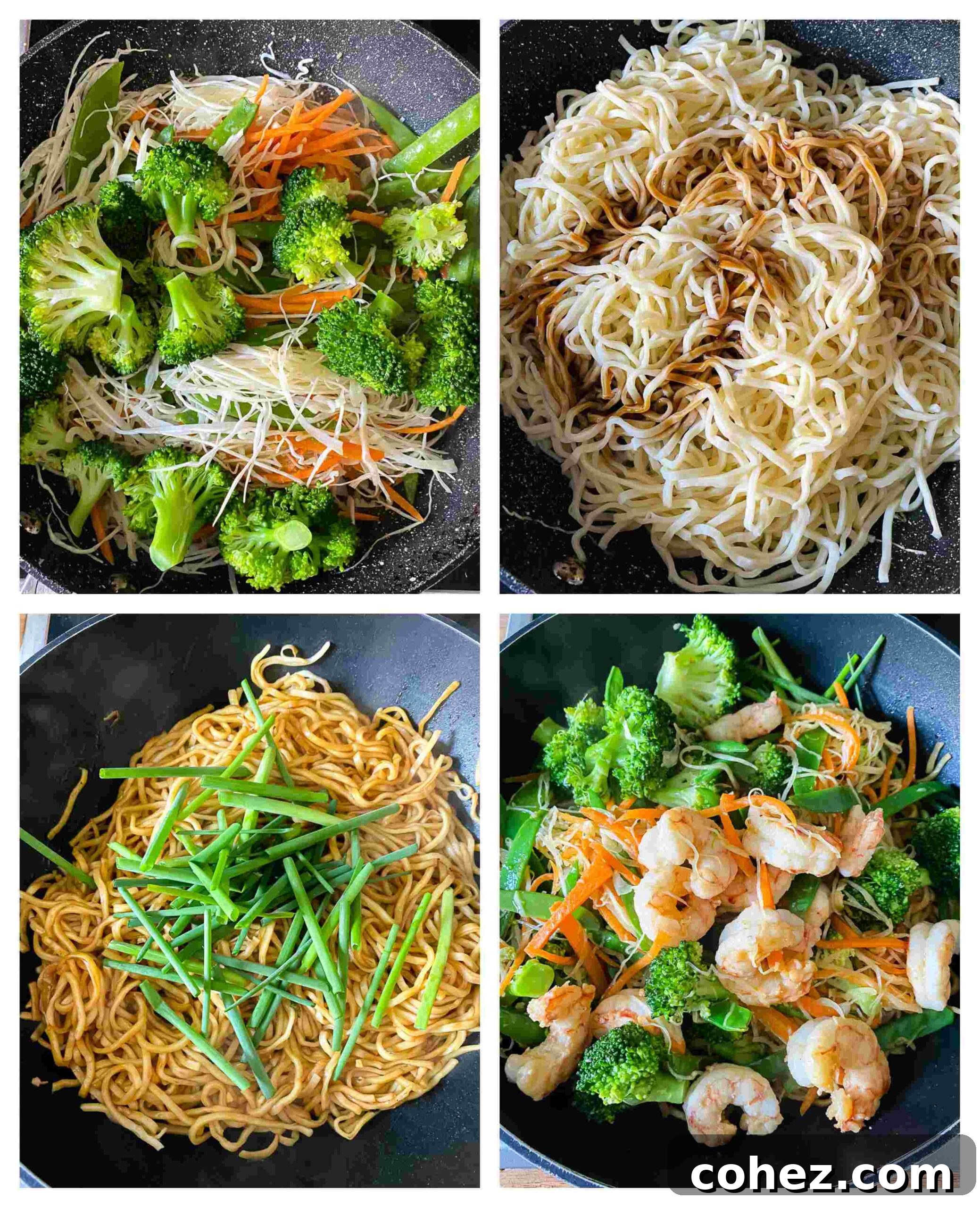 Effortless Shrimp Chow Mein 5 Collage showing various cooking stages of shrimp chow mein