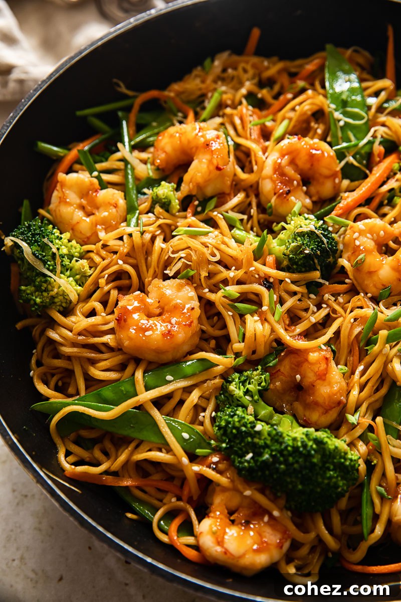 Effortless Shrimp Chow Mein 6 Close-up view of vibrant shrimp chow mein