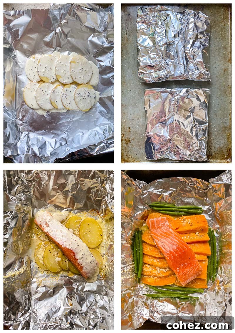 Hearty Salmon and Potato Foil Packs for Camp 4 Step-by-step process images for making salmon and potatoes in foil packets, showcasing assembly and readiness for cooking.