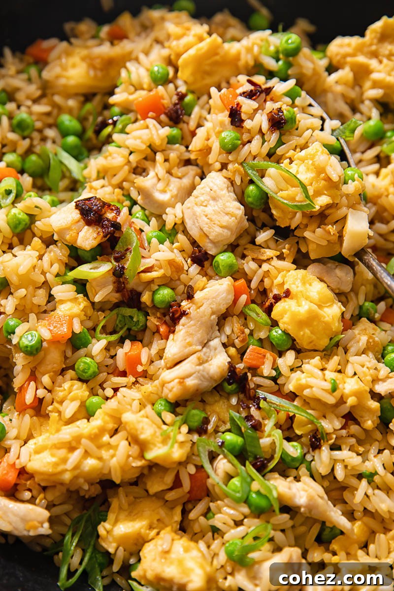 A close-up shot of perfectly cooked chicken fried rice, showing individual grains of rice, chicken pieces, and vegetables.