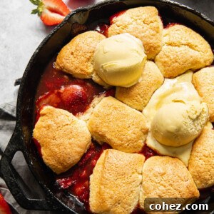 strawberry cobbler in a cast iron skillet, topped with ice cream