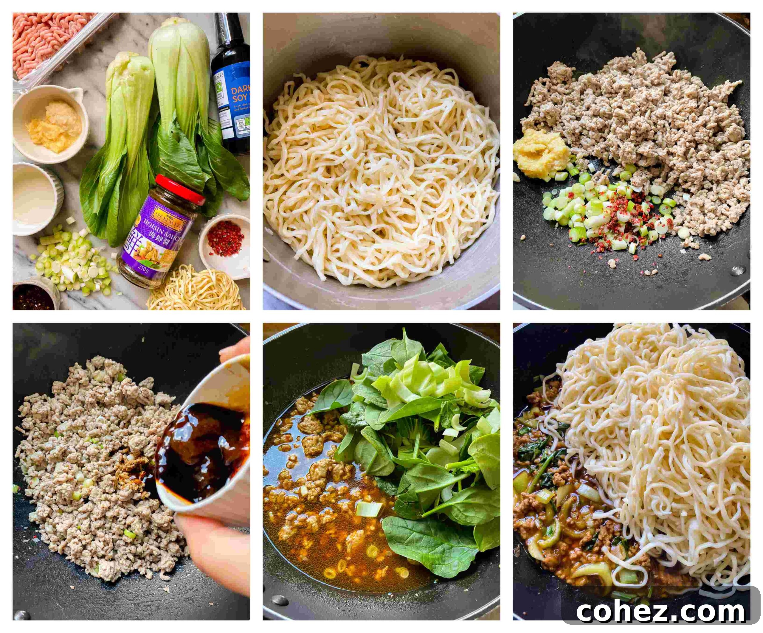 A collage of process images showing the steps to make pork Dan Dan noodles, from cooking pork to mixing with sauce and vegetables