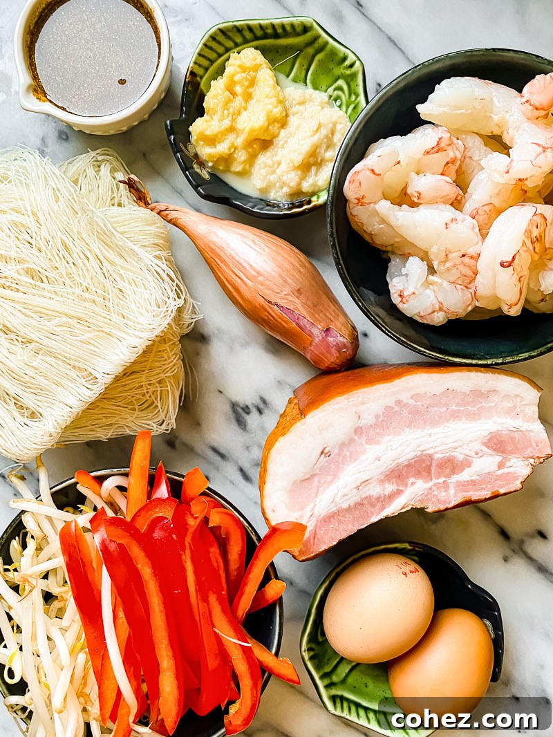 Singapore noodles ingredients on marble board