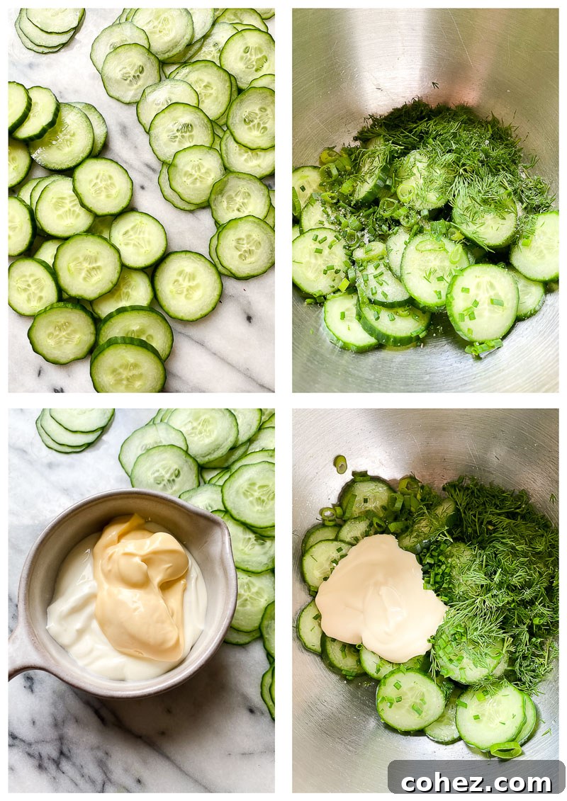 Step-by-step images showing ingredients and preparation for creamy cucumber salad.