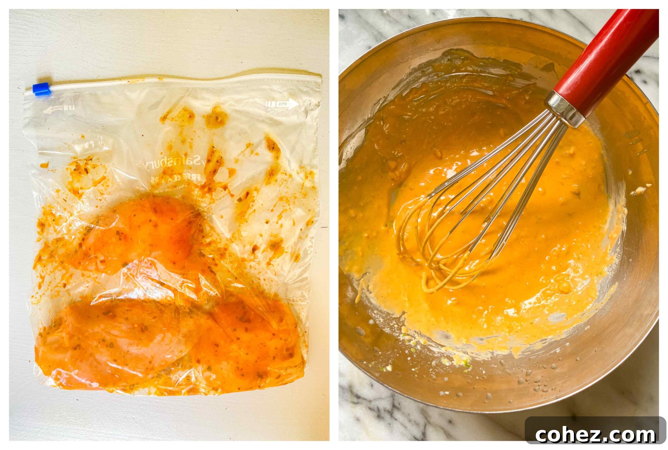 Vibrant Thai Grilled Chicken Salad 3 Marinating chicken breasts in a ziploc bag, alongside a bowl of spicy peanut sauce with a whisk.