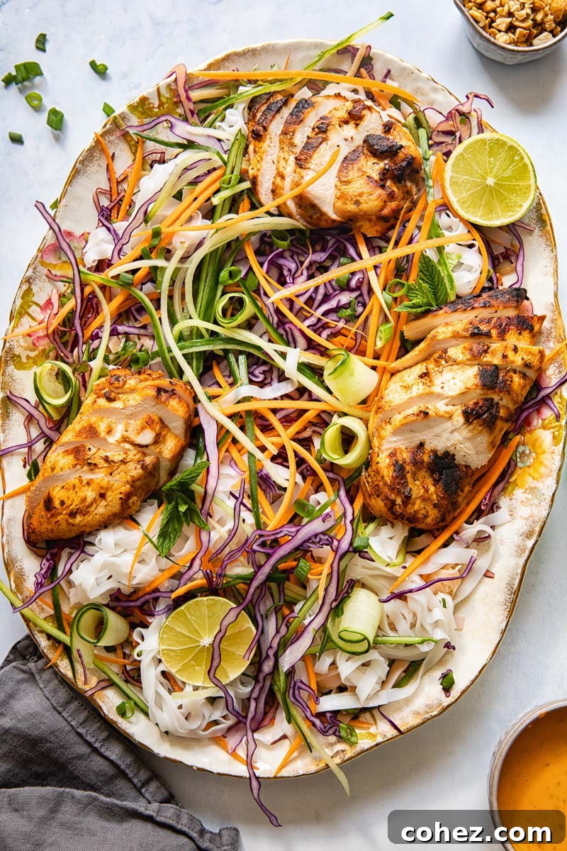 Vibrant Thai Grilled Chicken Salad 4 Large oval platter showcasing a generous serving of Thai grilled chicken salad, artfully arranged and ready to impress.