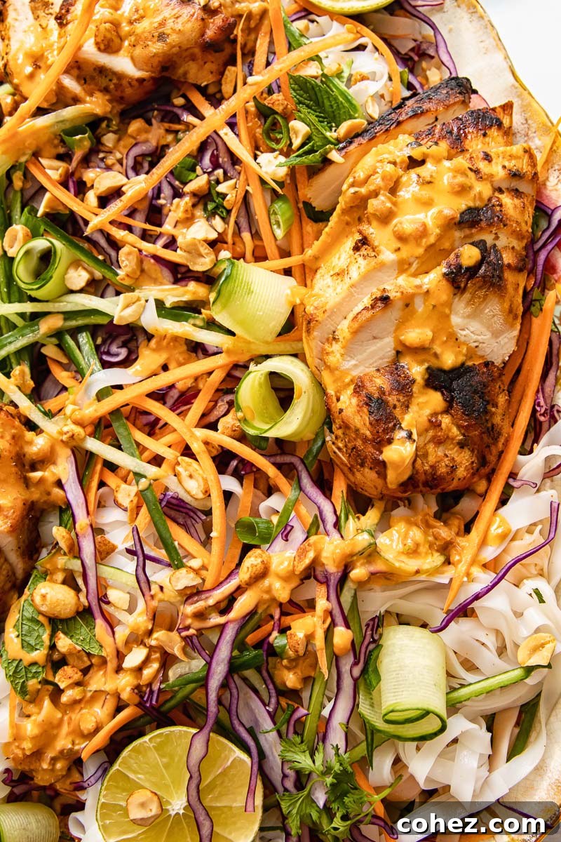 Vibrant Thai Grilled Chicken Salad 5 Close-up shot of a vibrant Thai grilled chicken salad, highlighting the tender chicken, fresh vegetables, and rich peanut sauce.
