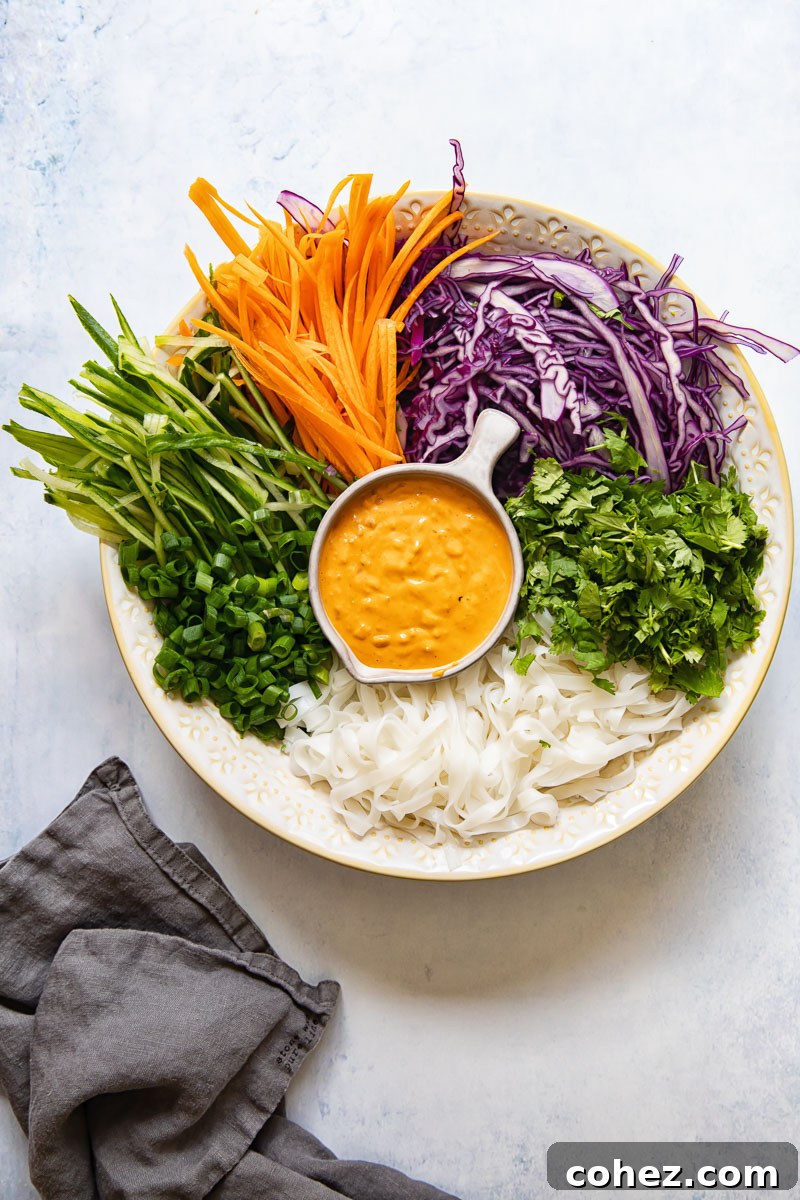Vibrant Thai Grilled Chicken Salad 6 Bowl filled with vibrant rice noodle salad ingredients, showcasing fresh vegetables and noodles before dressing.