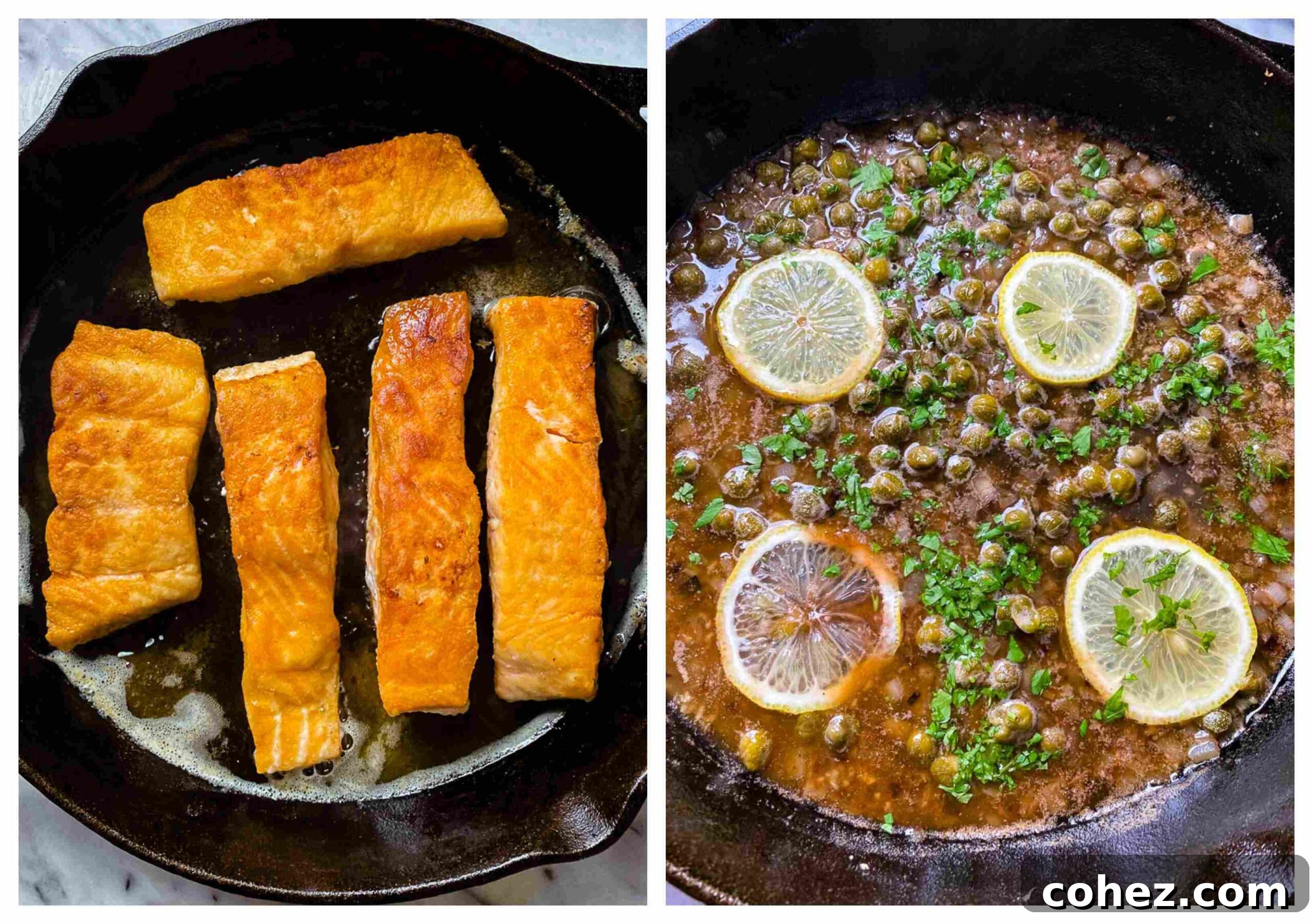 Zesty Lemon Caper Salmon Piccata 4 Step-by-step process of preparing Salmon Piccata, showing salmon dredging and sauce simmering in a pan.