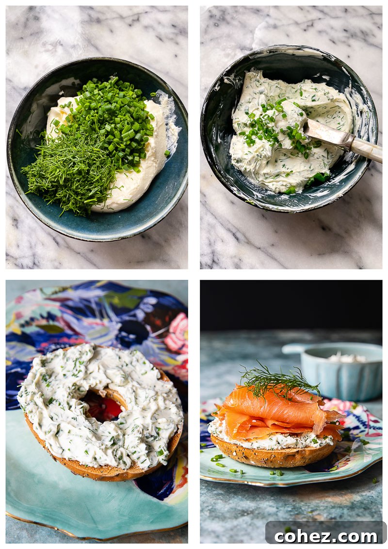 Step-by-step process of assembling a breakfast bagel sandwich, showing layers of cream cheese, salmon, and egg