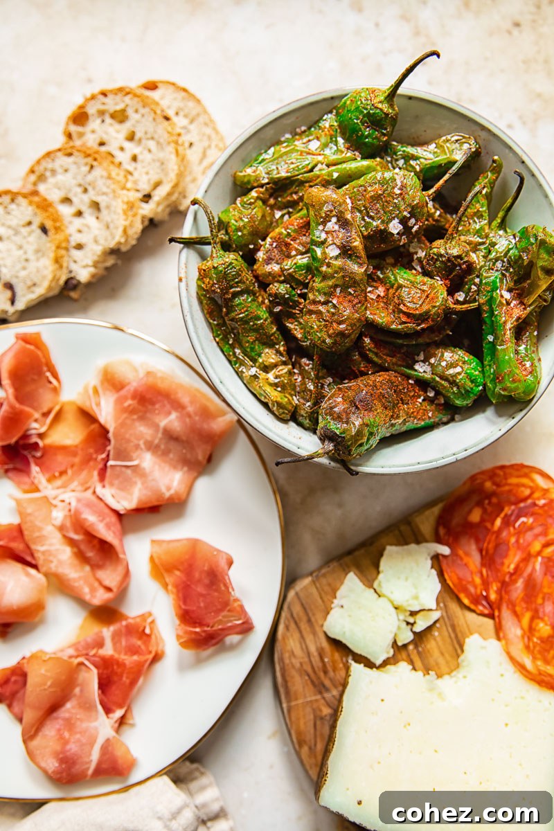 Top down view of a rustic board laden with blistered Padron peppers, slices of rich Serrano ham, savory chorizo, and creamy cheese.