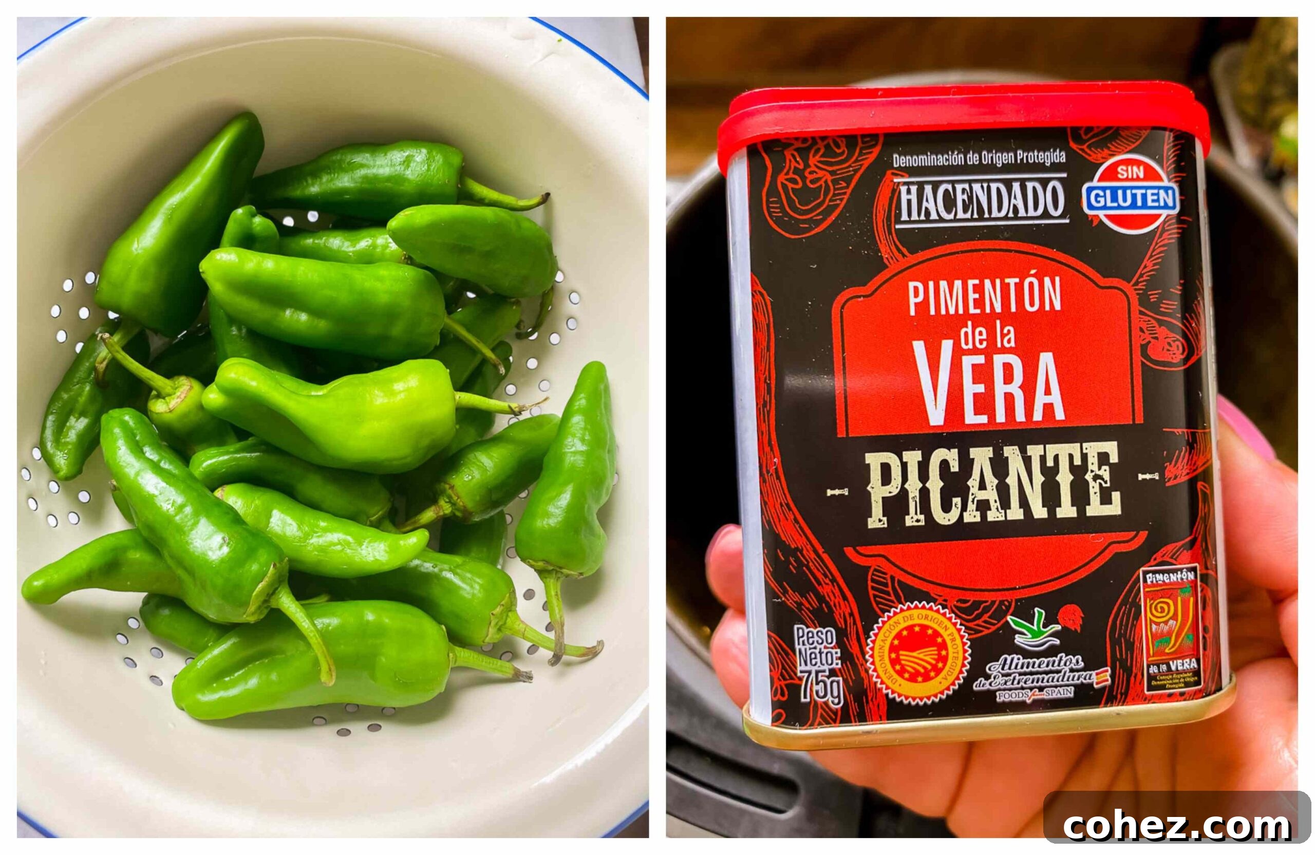 Close-up of fresh green Padron peppers next to a small bowl of vibrant red Spanish paprika.