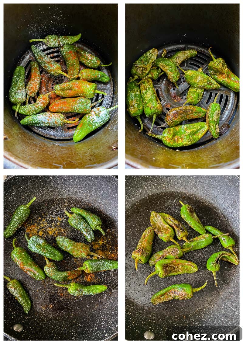 A series of process images showing Padron peppers being prepared and cooked, from fresh to blistered.