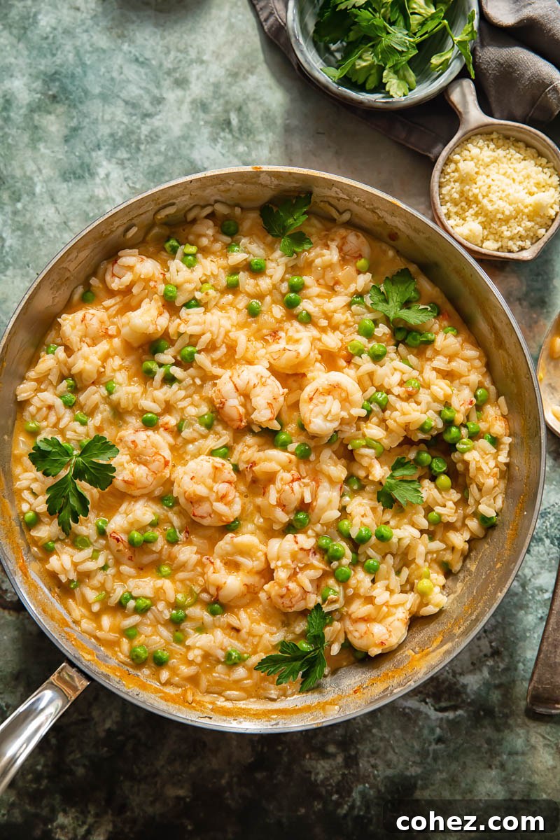 A beautiful top-down view of creamy prawn risotto served in a pan, garnished with fresh parsley and accompanied by small bowls of grated Parmesan cheese.