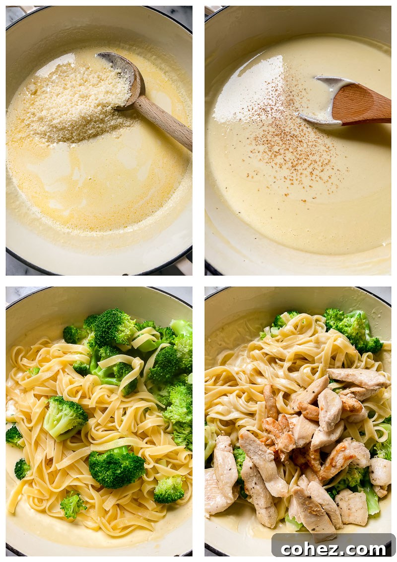 Step-by-step process images illustrating the preparation of Chicken Broccoli Alfredo, from cooking chicken and broccoli to tossing with creamy sauce