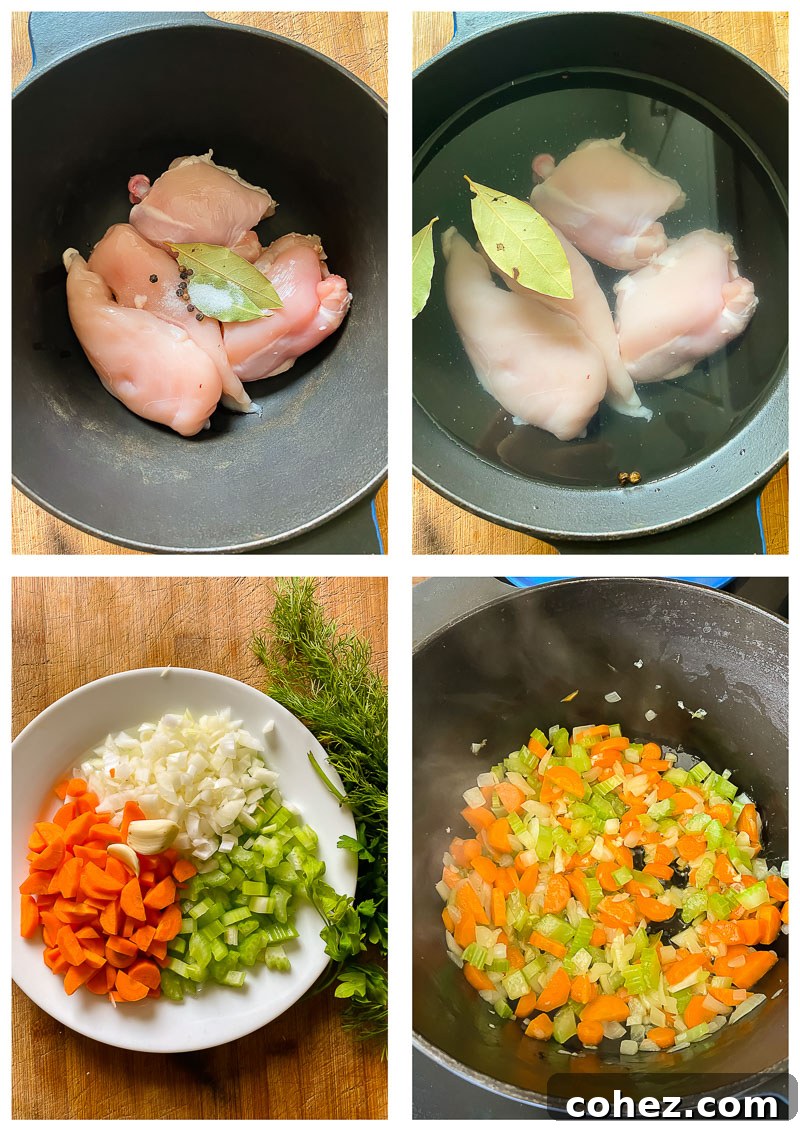 Soul-Warming Chicken Noodle Soup 5 A step-by-step visual guide showing the process of making homemade chicken noodle soup, from simmering the broth to adding vegetables and chicken.