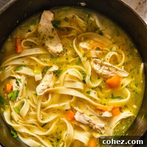 Soul-Warming Chicken Noodle Soup 7 top down view of chicken noodle soup in a pot